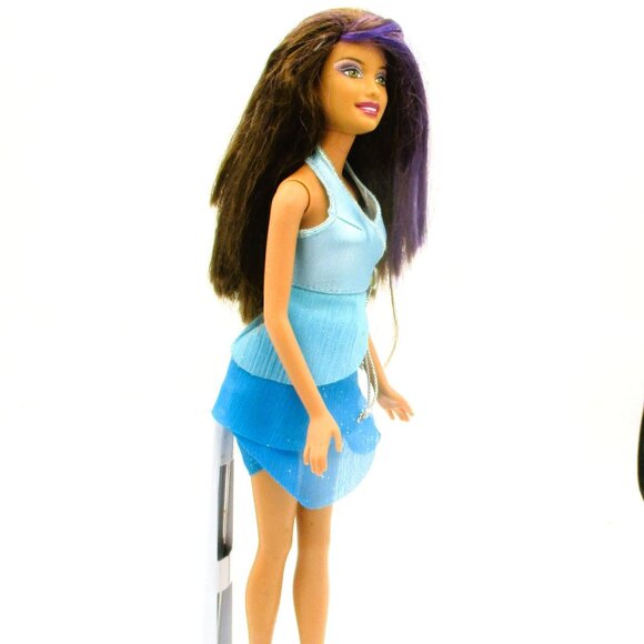 Barbie Doll With 1999 Body & 2003 Head In Blue Halter Dress & Brown-Purple Hair - Picture 3 of 5